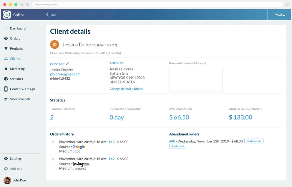 Detalles del cliente con historial y pedidos abandonados