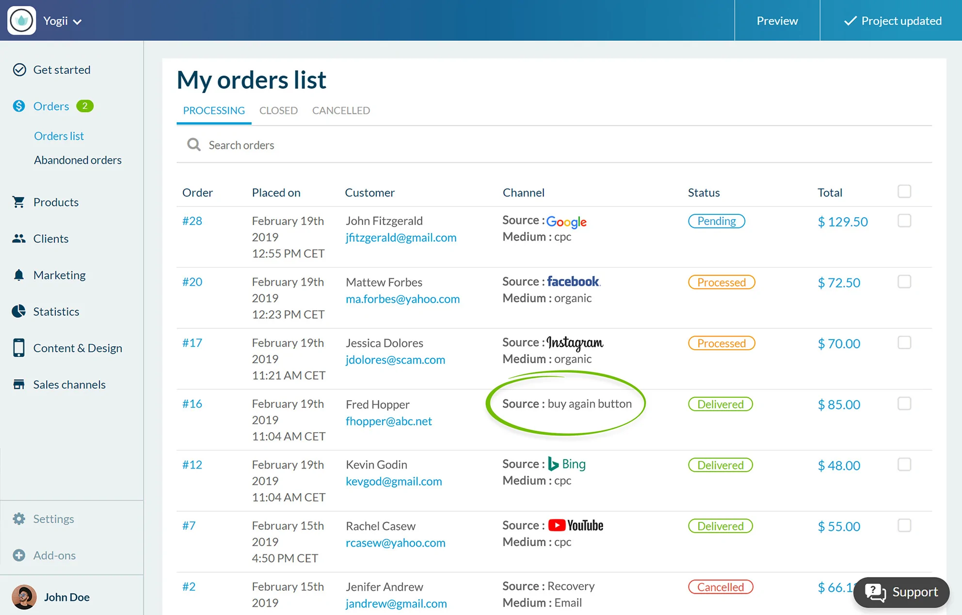 Lista de pedidos con identificación de compras recurrentes