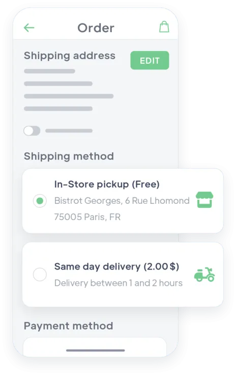 Pantalla de pedido con opciones de recogida en tienda y entrega a domicilio