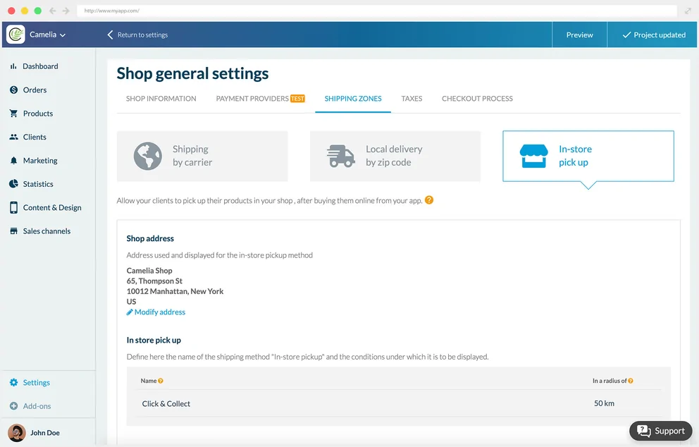 Pantalla de configuración de recoger en la tienda en el back office