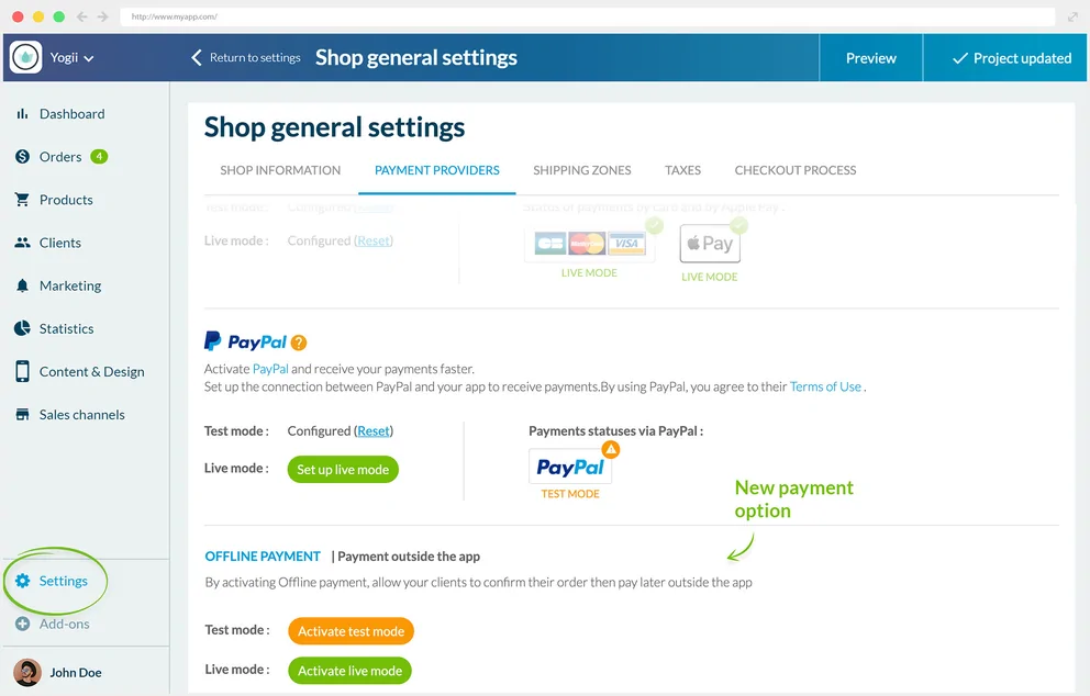 Panel de configuración pago offline